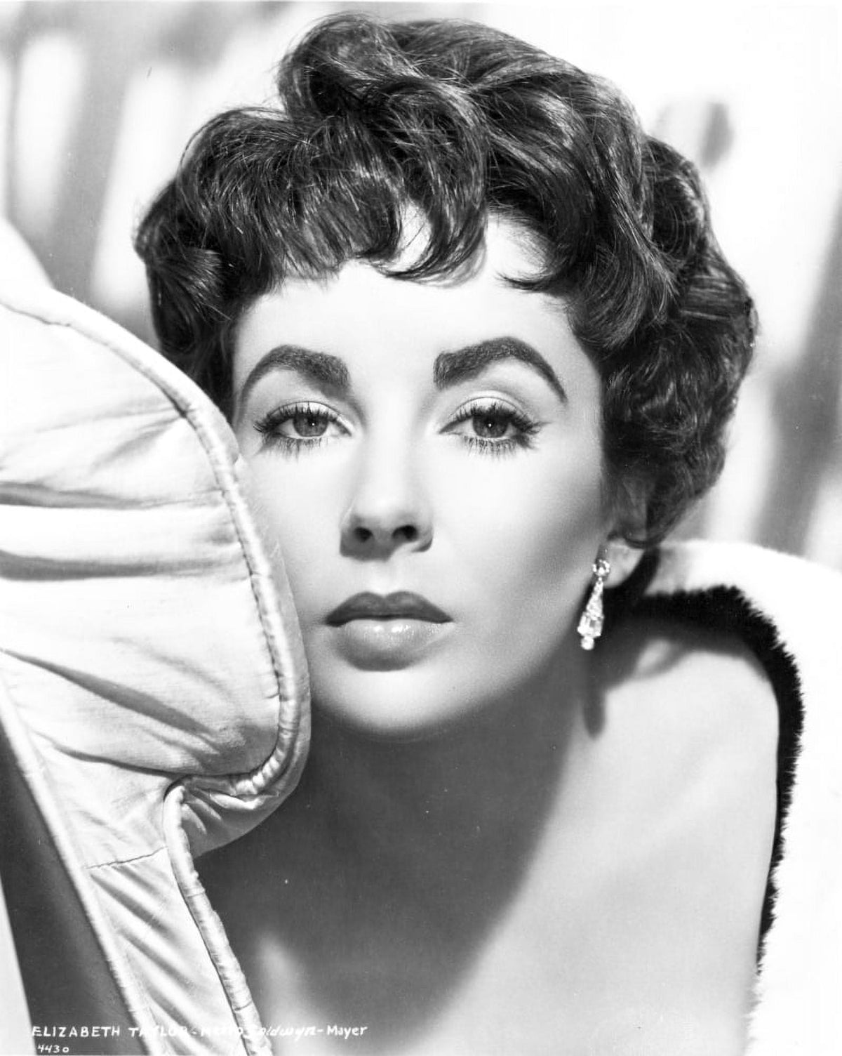 Black and white photo print of Elizabeth Taylor looking away, iconic Hollywood portrait.