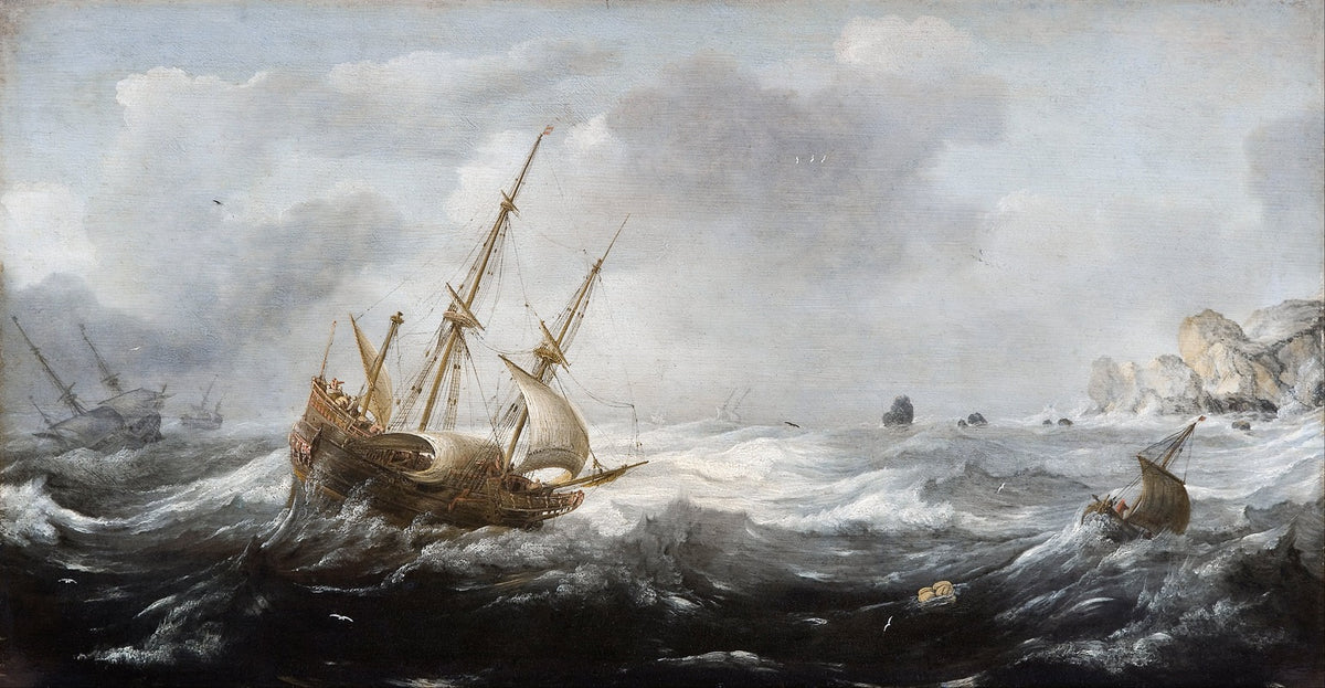 Ships in a Storm on a Rocky Coast Poster Print by Jan Porcellis