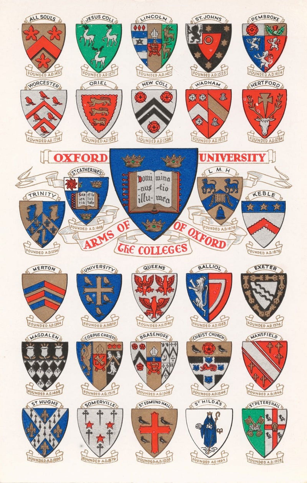 Oxford University arms of the colleges poster print