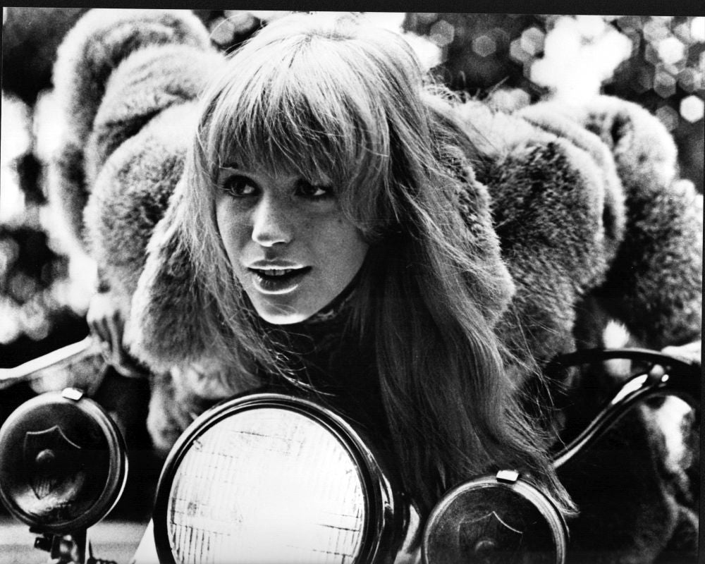 Marianne Faithfull black and white photo print on motorcycle