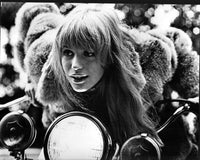 Marianne Faithfull black and white photo print on motorcycle