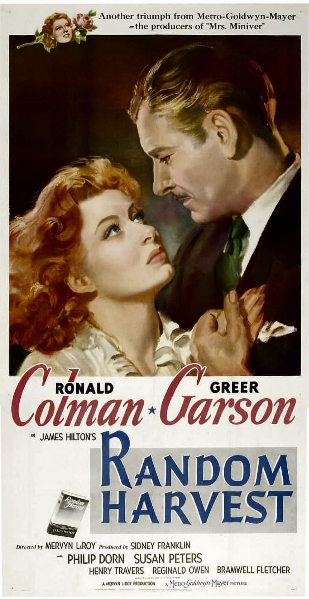 Random Harvest movie poster featuring Greer Garson and Ronald Colman, 1942, available in multiple sizes.