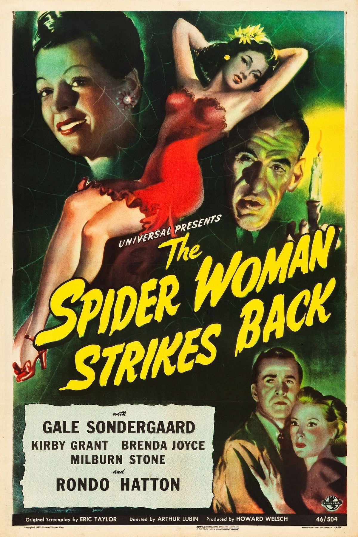Vintage 1946 movie poster for The Spider Woman Strikes Back featuring Gale Sondergaard, Rondo Hatton, Kirby Grant, and Brenda Joyce.