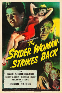Vintage 1946 movie poster for The Spider Woman Strikes Back featuring Gale Sondergaard, Rondo Hatton, Kirby Grant, and Brenda Joyce.