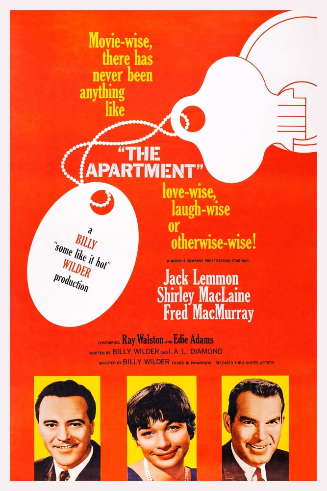 The Apartment Movie Poster featuring Jack Lemmon, Shirley Maclaine, and Fred MacMurray from the 1960 film.