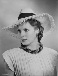 Maureen O'Hara elegant portrait photo print in white gown with hat.