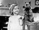 Shirley Temple playing with a dog in a white dress photo print.