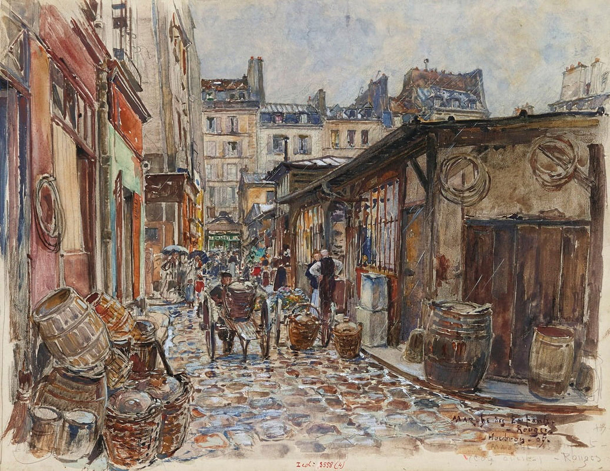 Le Marché des Enfants Rouges c�té Ouest sous la pluie 1907 poster print by Frédéric Houbron.