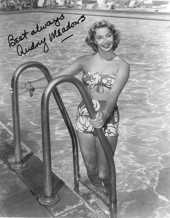 Audrey Meadows signed photo print featuring a pool scene, available in multiple sizes.