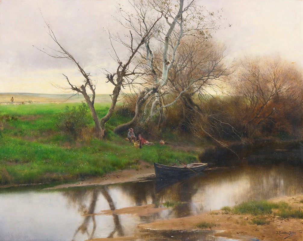 A Quiet Stretch of River Poster Print by Emilio Sánchez-Perrier, serene river landscape art.