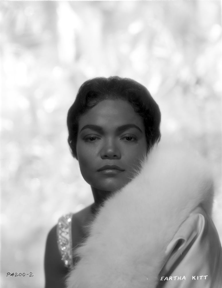 Portrait of Eartha Kitt in a feather coat, stunning photo print.