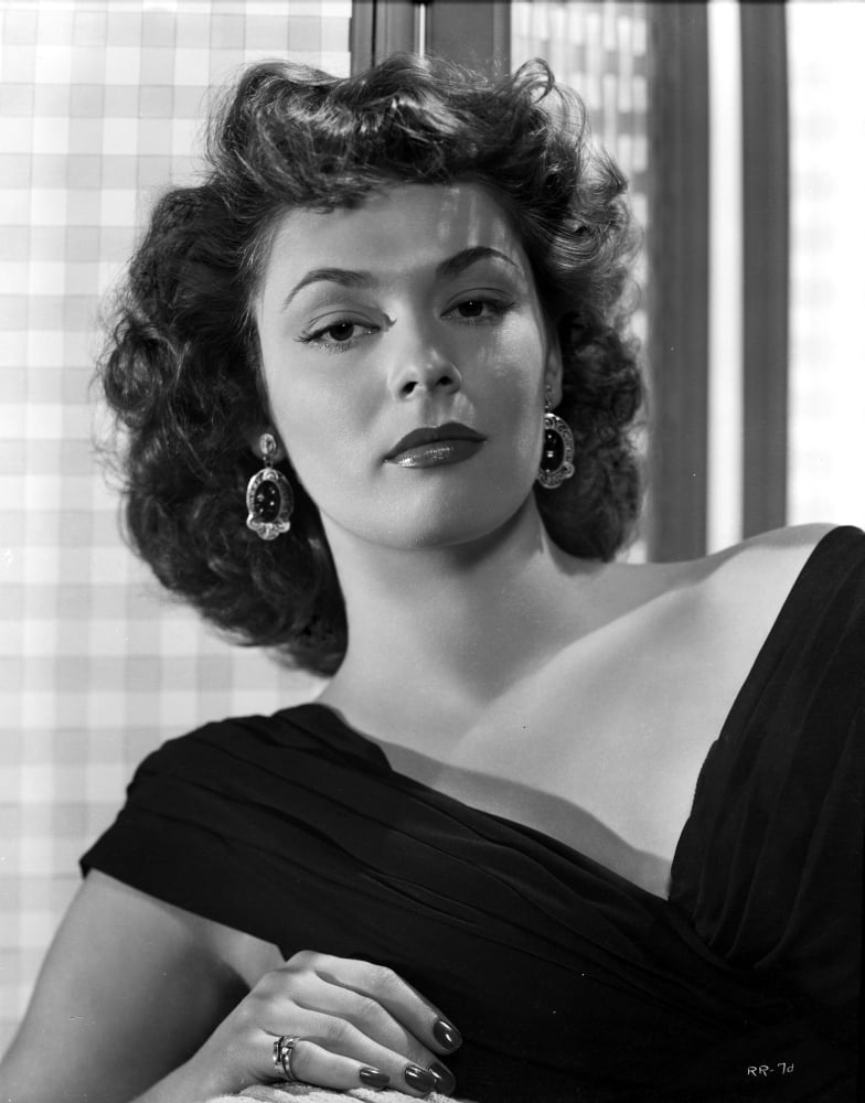 Ruth Roman elegant photo print showcasing curly hair in a black gown.