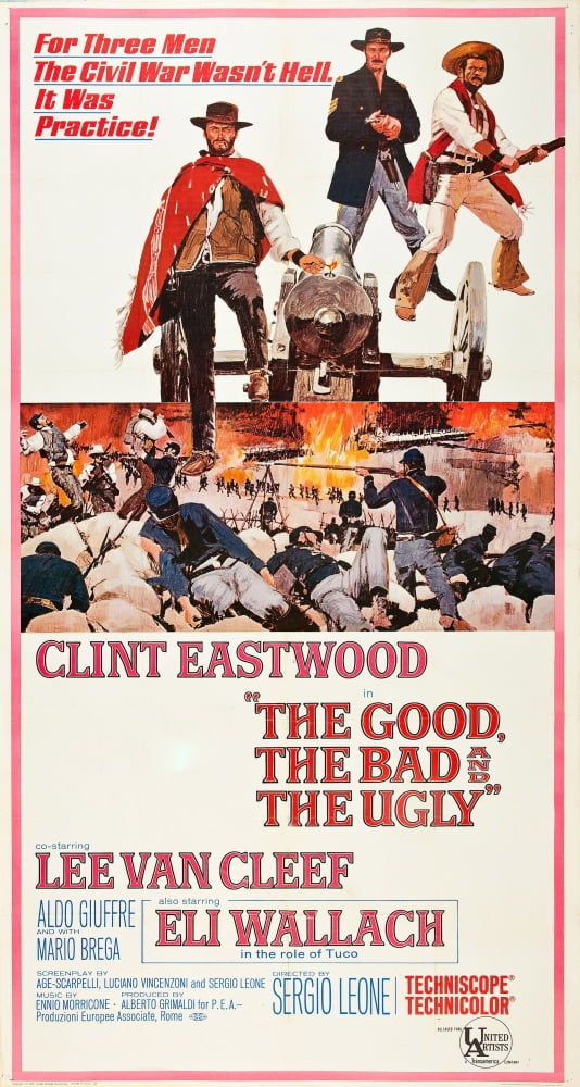 The Good The Bad and The Ugly movie poster featuring Clint Eastwood, Lee Van Cleef, and Eli Wallach.