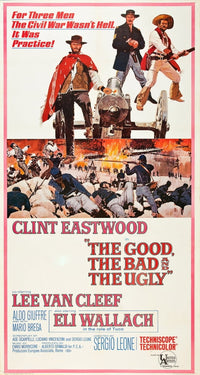 The Good The Bad and The Ugly movie poster featuring Clint Eastwood, Lee Van Cleef, and Eli Wallach.