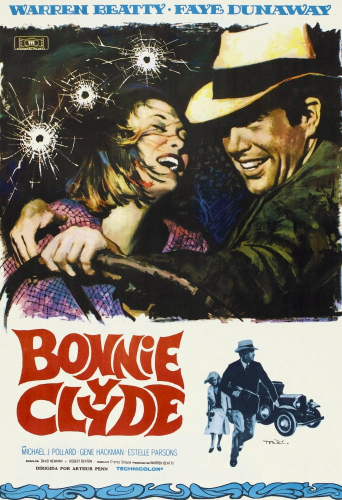 Bonnie and Clyde movie poster art featuring Faye Dunaway and Warren Beatty, 1967 film.