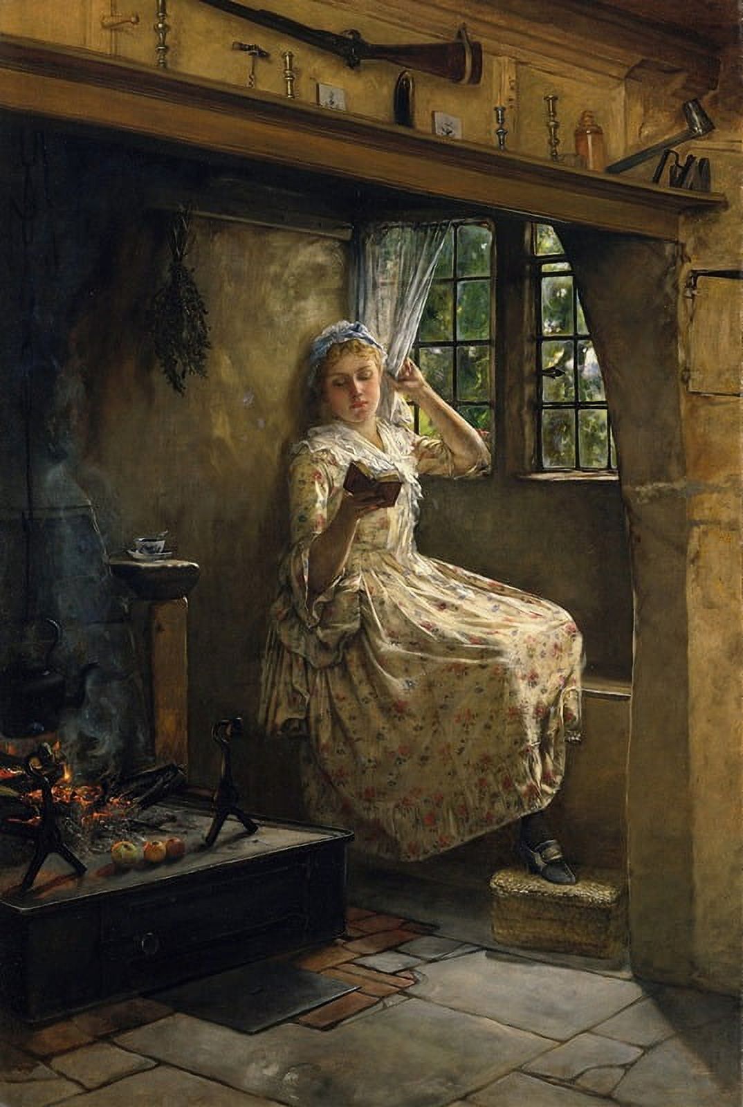 A Cosey Corner art print by Frank Millet depicting a cozy scene.