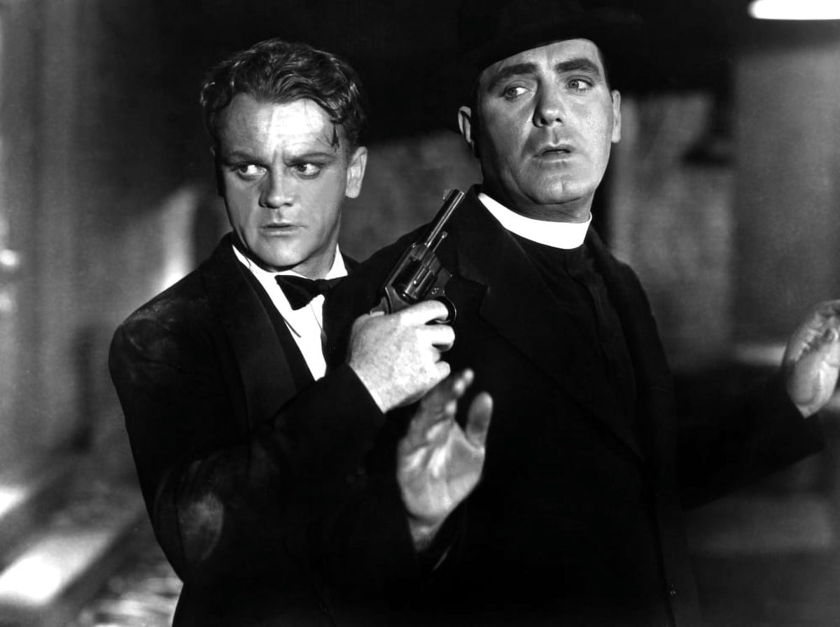 Angels With Dirty Faces movie photo print featuring James Cagney and Pat O'Brien held at gunpoint.