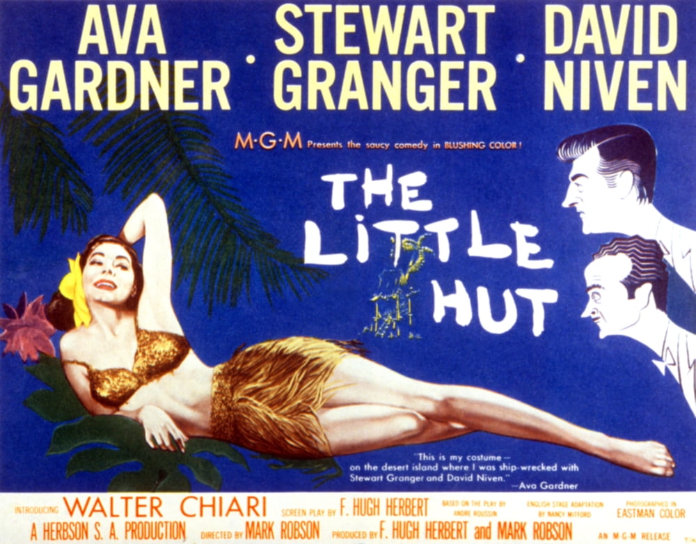 The Little Hut movie poster featuring Ava Gardner, Stewart Granger, and David Niven.