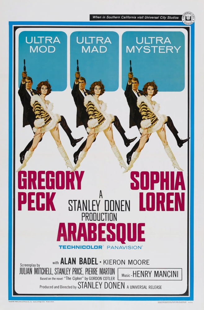 Arabesque movie poster featuring Gregory Peck and Sophia Loren from the 1966 film.