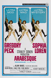 Arabesque movie poster featuring Gregory Peck and Sophia Loren from the 1966 film.