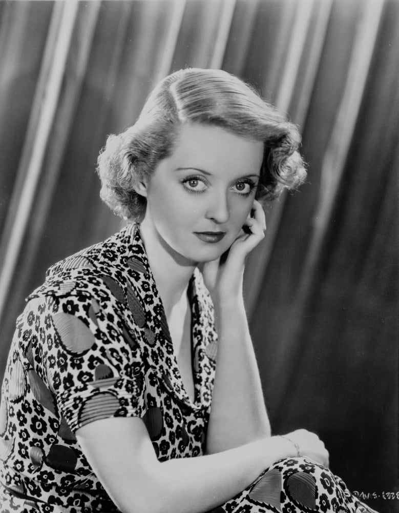 Bette Davis portrait photo print in floral dress and short curls.