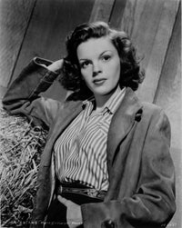 Judy Garland portrait photo print featuring classic style with jacket and striped shirt.