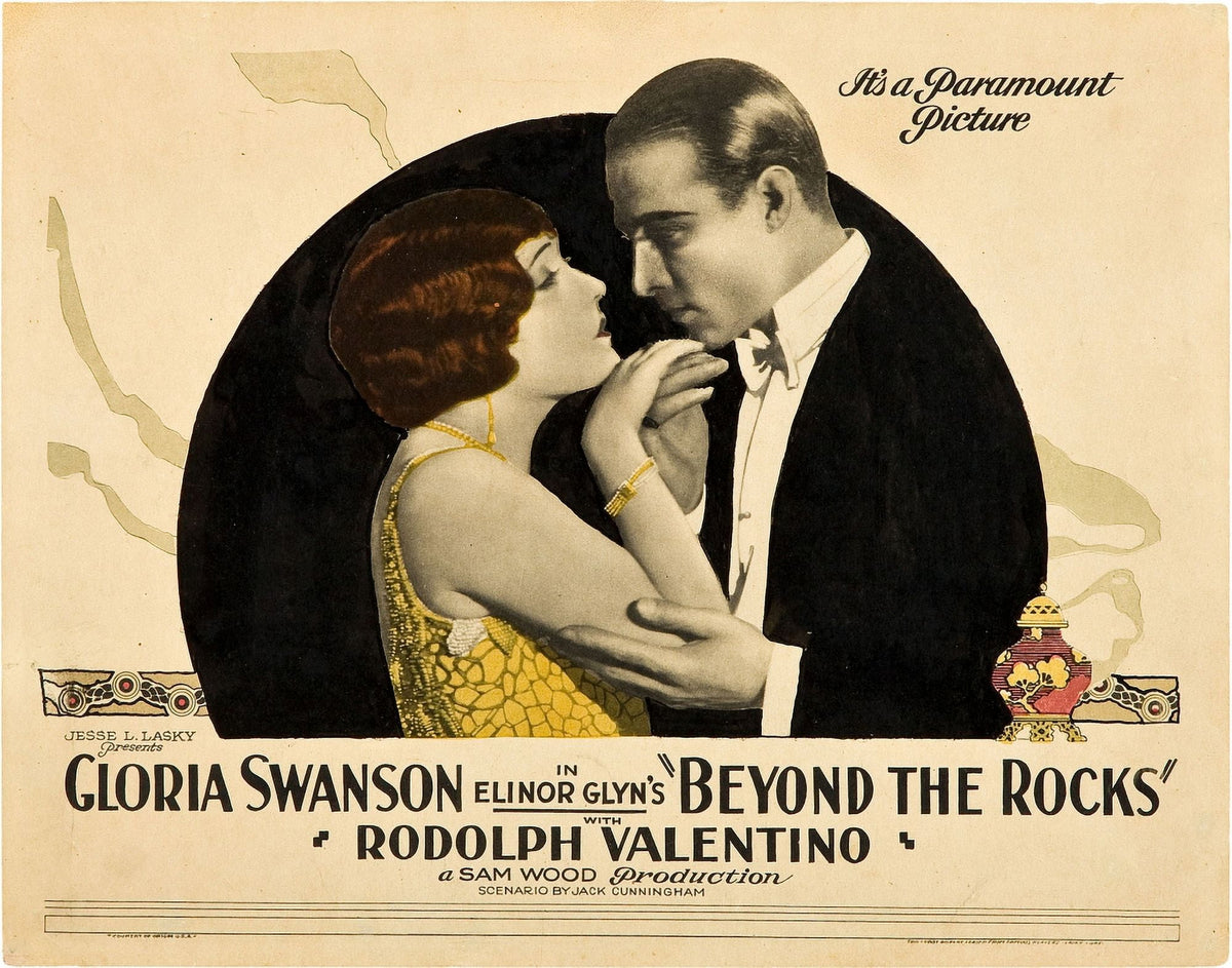 Beyond The Rocks lobby card featuring Gloria Swanson and Rudolph Valentino from 1922, vintage movie poster