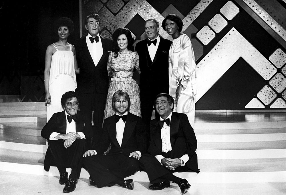 Photo print of iconic music legends including Frank Sinatra, Dean Martin, and more.