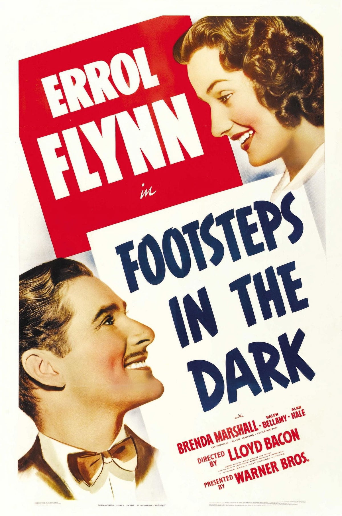 Footsteps In The Dark movie poster print featuring Errol Flynn and Brenda Marshall, 1941.