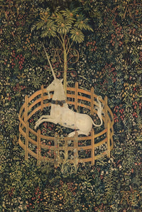 The Unicorn in Captivity fine art print showcasing a mythical creature in an enchanting setting.