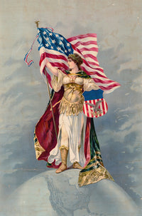 Columbia holding American flag and trademark sign poster print from 1890.