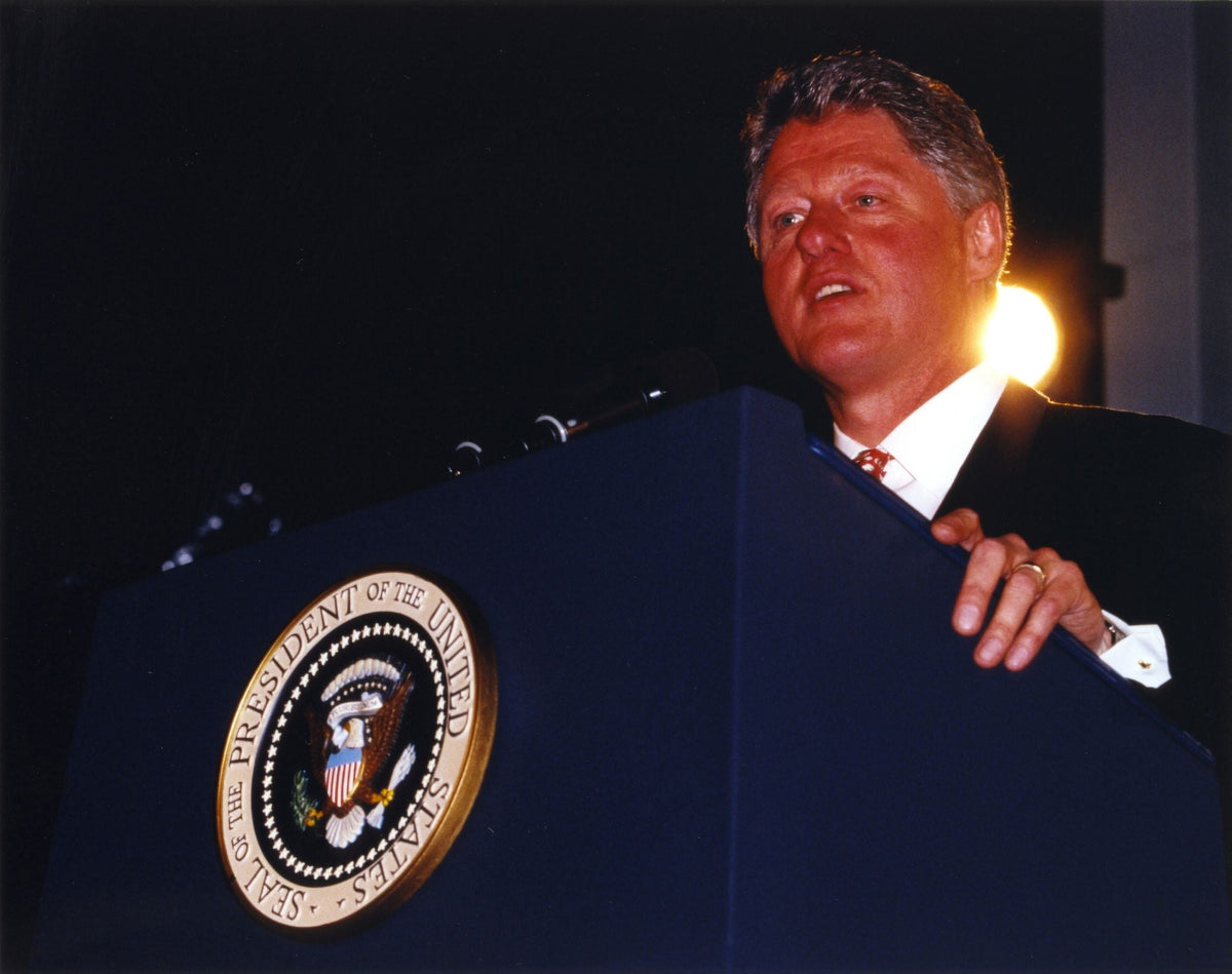 Bill Clinton photo print in black coat, political decor