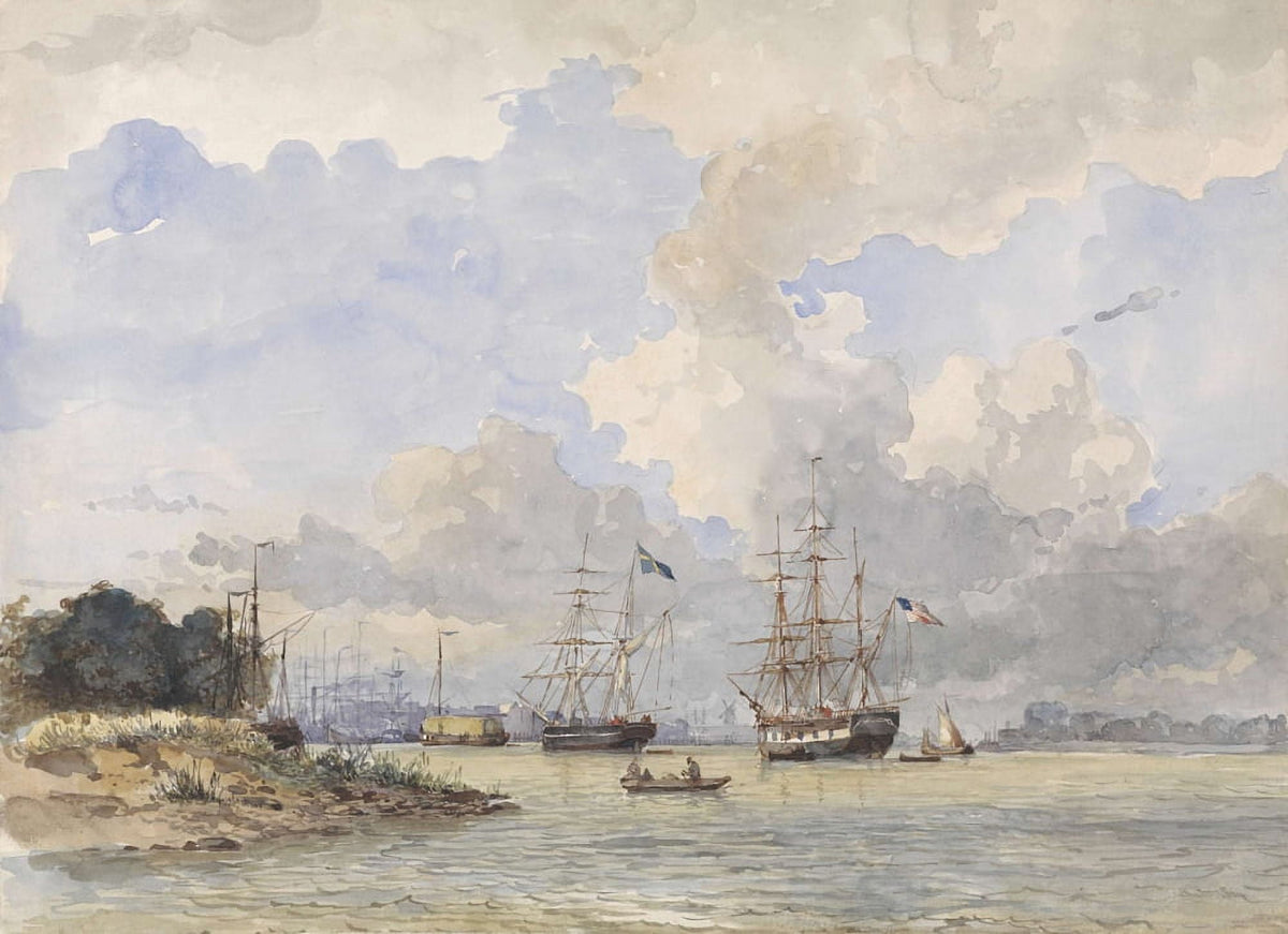 Maas in Rotterdam with American and Swedish Ships watercolor print by Willem Anthonie van Deventer