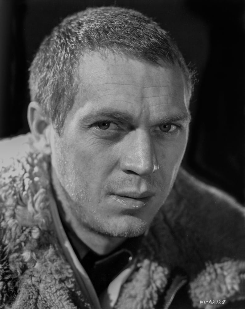 Steve McQueen wearing fur coat close-up portrait photo print in black and white.