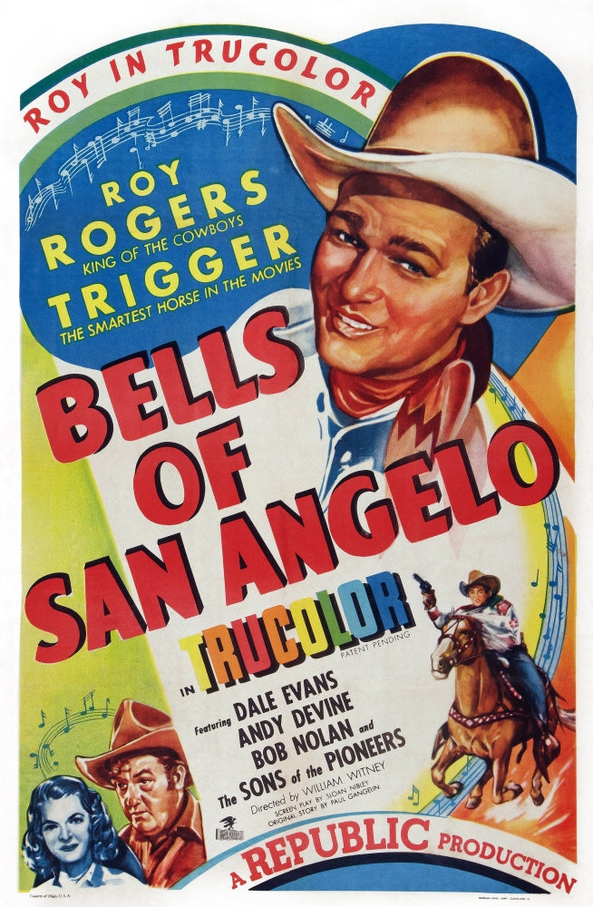 Bells of San Angelo movie poster featuring Roy Rogers and Dale Evans.