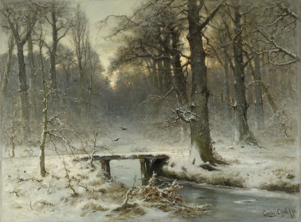 A January Evening in the Woods of The Hague Art Print by Louis Apol, winter landscape with snow-covered bridge.