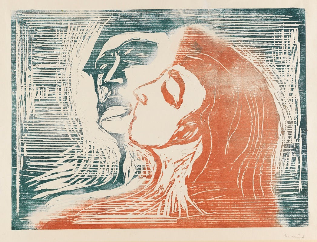 Head by Head print by Edvard Munch showing a man and woman kissing.