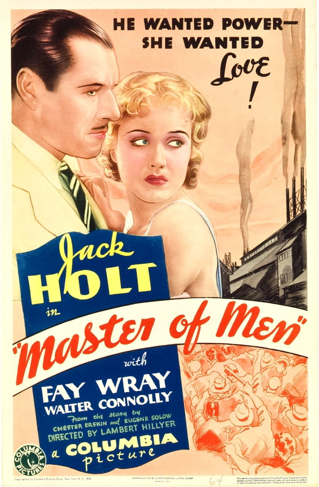 Master of Men movie poster print featuring Jack Holt and Fay Wray, 1933, vintage film art.