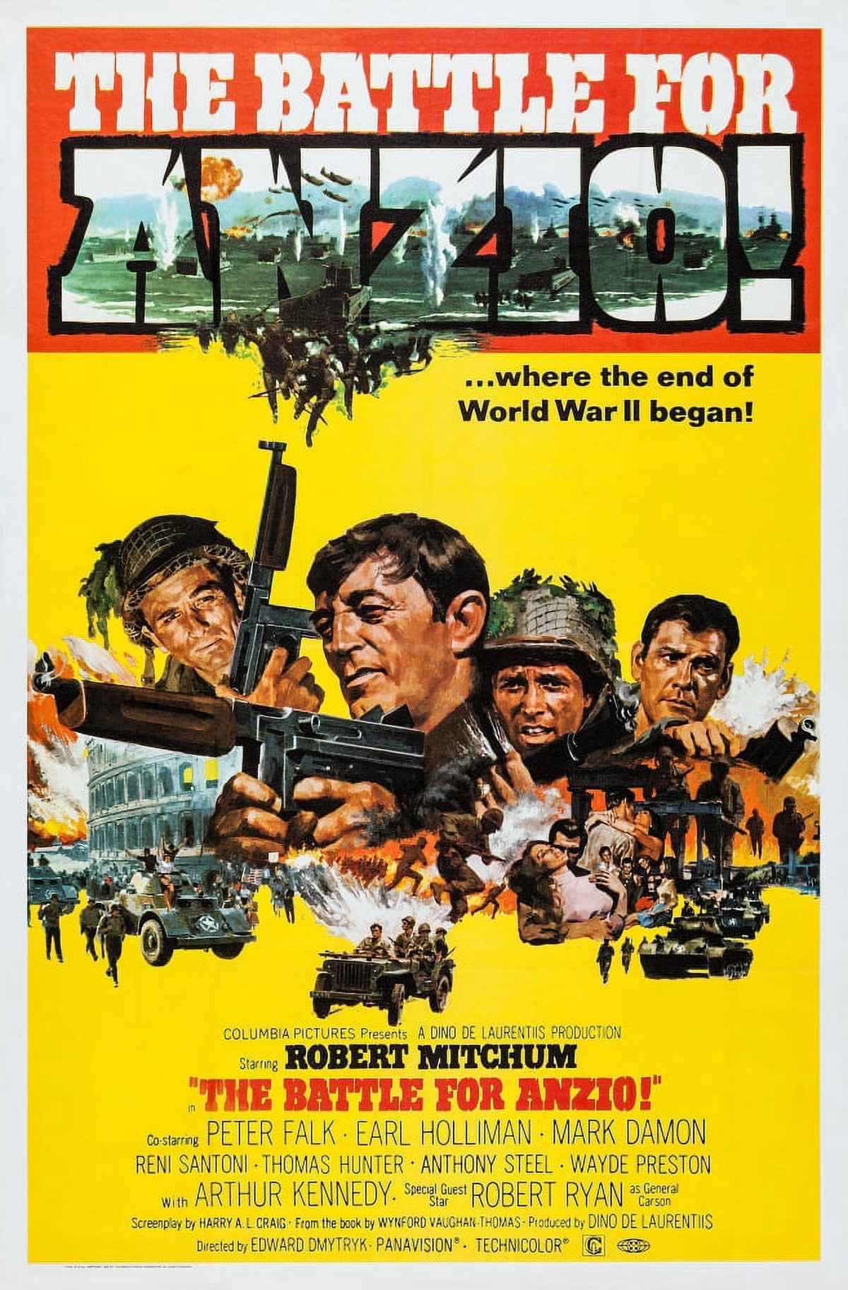 Anzio movie poster art featuring Peter Falk, Robert Mitchum, and Robert Ryan from the 1968 film.