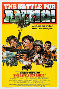 Anzio movie poster art featuring Peter Falk, Robert Mitchum, and Robert Ryan from the 1968 film.