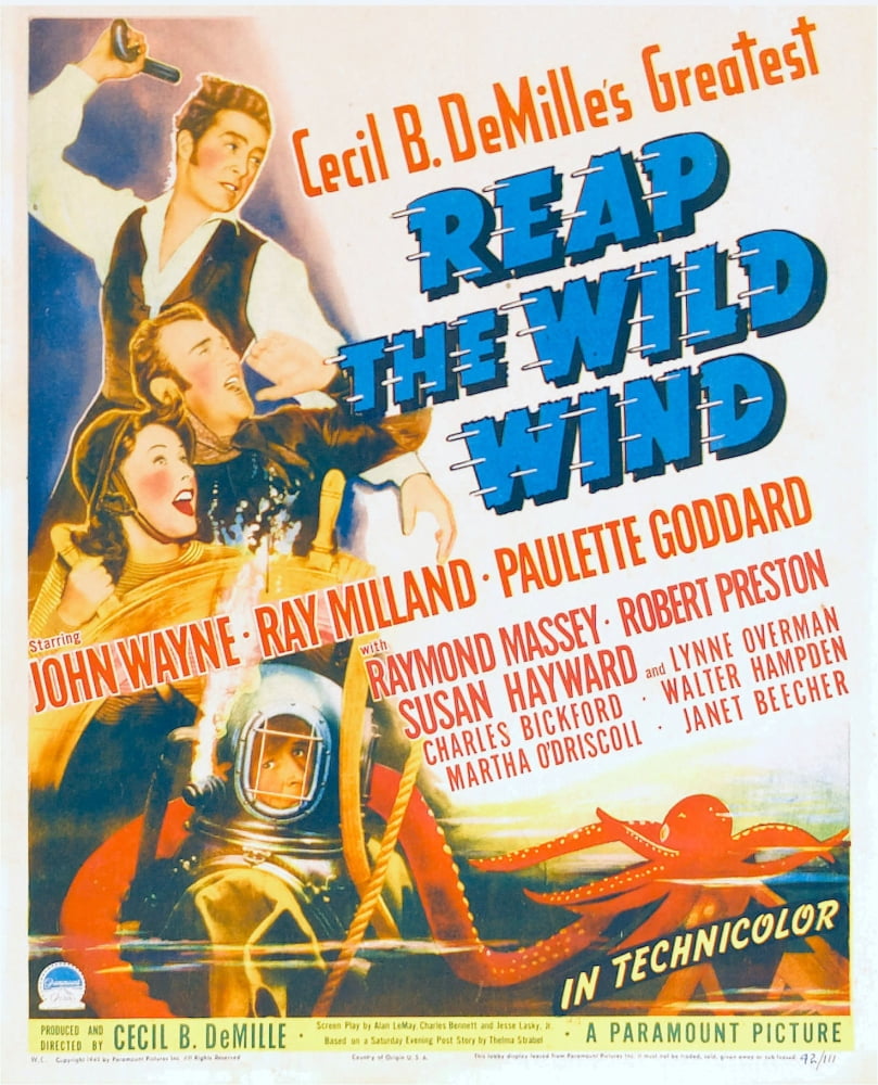 Reap The Wild Wind 1942 movie poster print featuring Ray Milland, Paulette Goddard, and John Wayne.