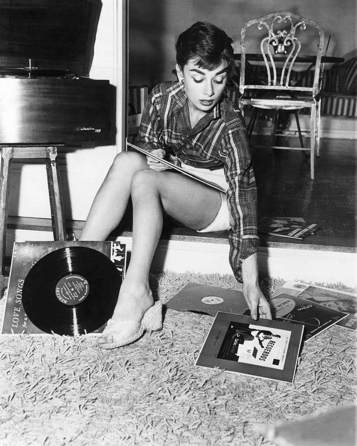 Audrey Hepburn Records Photo Print - Elegant Hollywood Icon