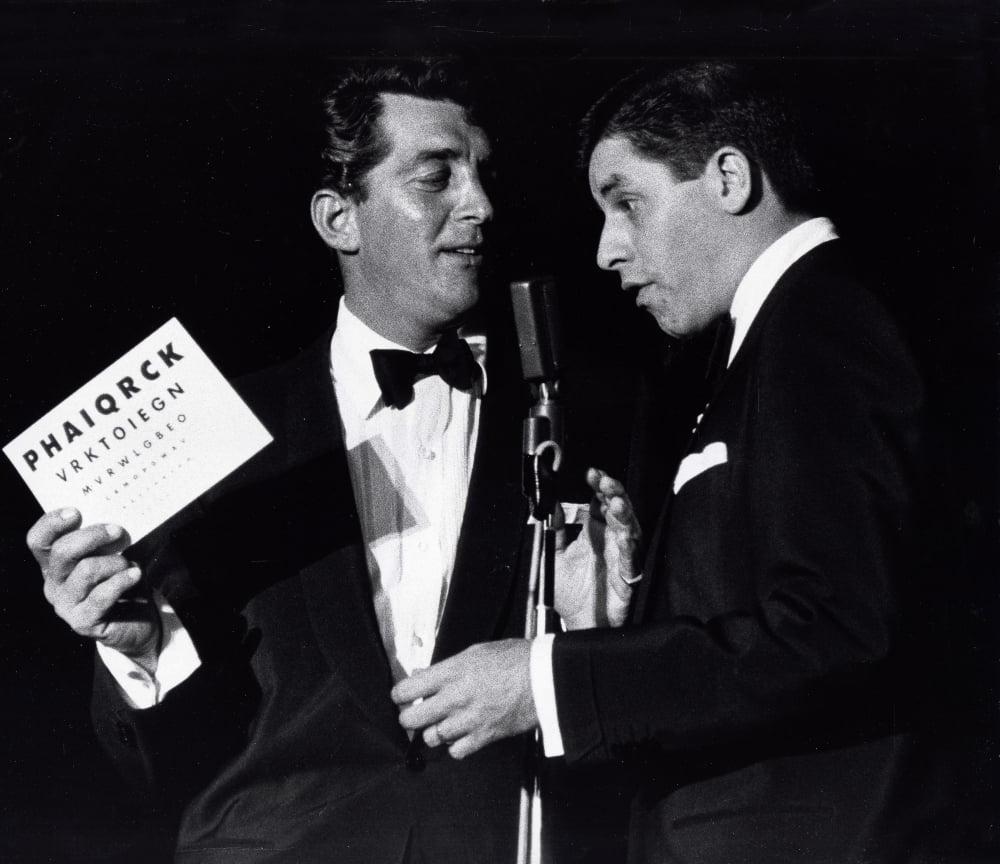 Martin and Lewis performing photo print showcasing classic comedy duo.