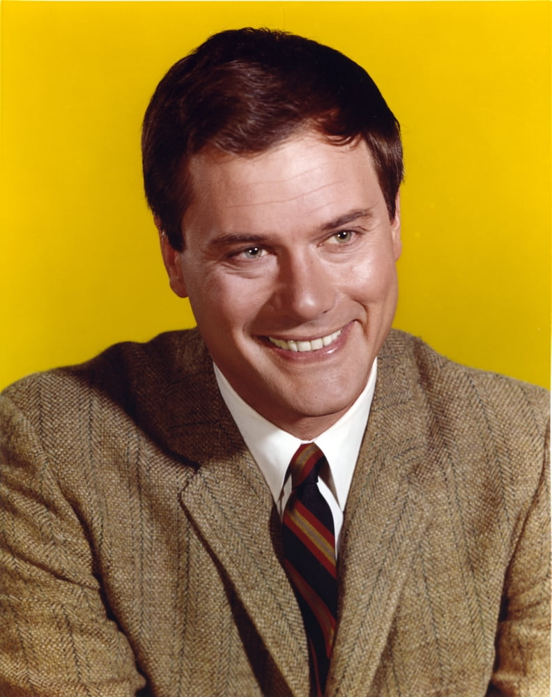 Larry Hagman smiling photo print with yellow background