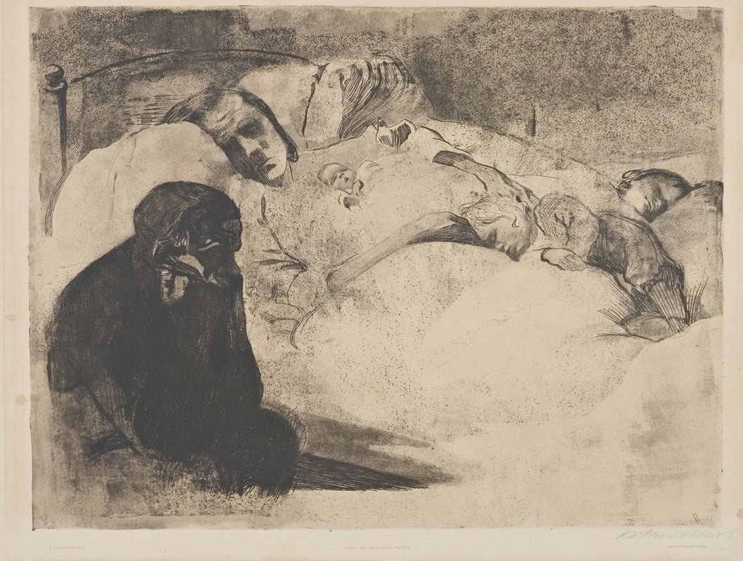 Unemployment poster print by Käthe Kollwitz showing human struggle and societal issues.