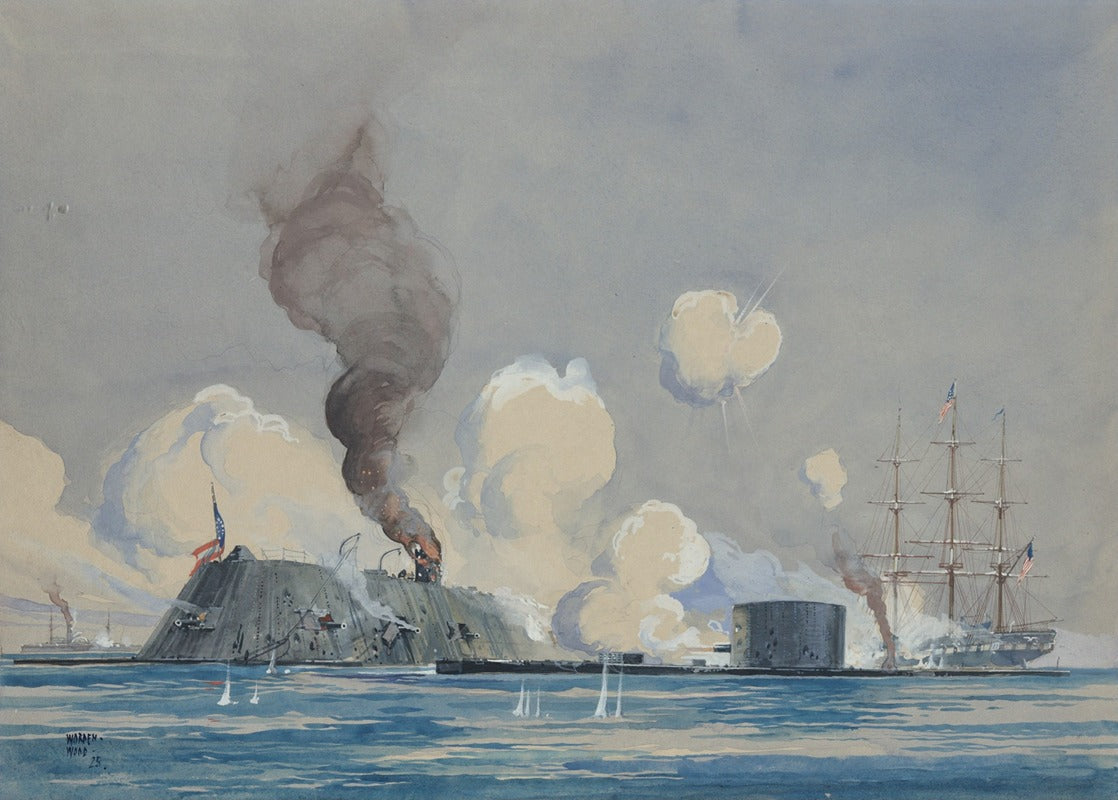 Civil War battle poster print featuring U.S.S. Monitor vs. C.S.S. Ram Merrimac in Hampton Roads