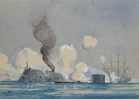 Civil War battle poster print featuring U.S.S. Monitor vs. C.S.S. Ram Merrimac in Hampton Roads