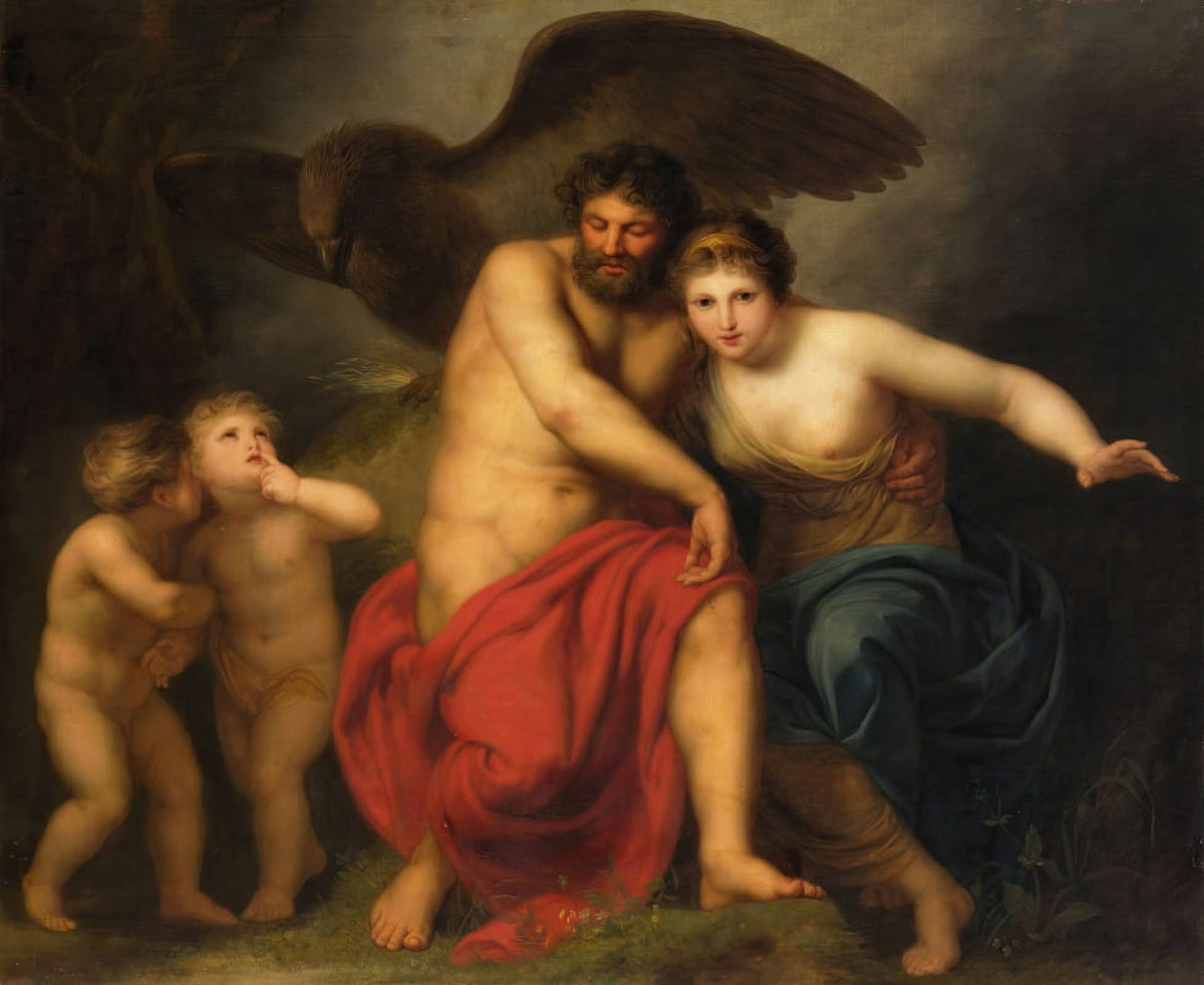 Zeus and Hera on Mount Ida poster print by Andries Cornelis Lens showcasing mythological art.