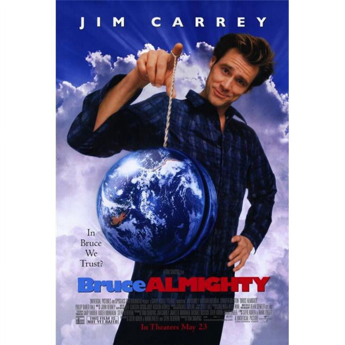 Bruce Almighty Movie Poster Print featuring Jim Carrey in a vibrant design.