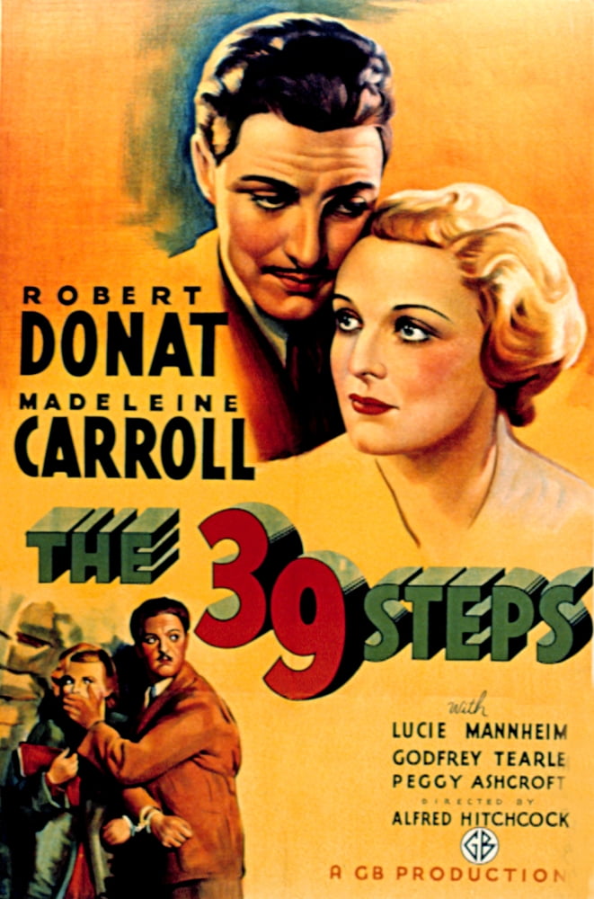 The 39 Steps movie poster featuring Robert Donat and Madeleine Carroll from 1935.
